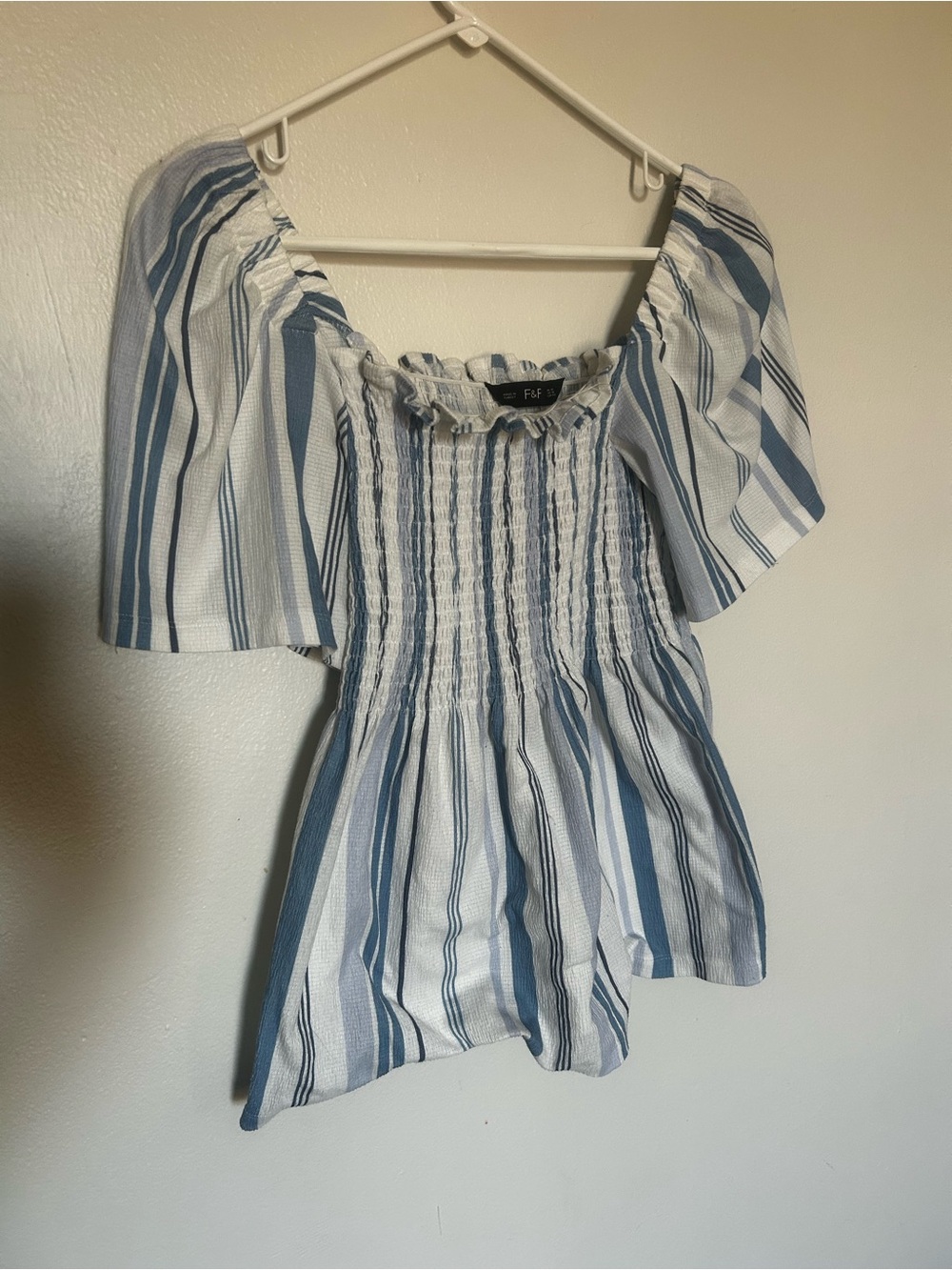 F&F Blue and White Striped Smocked Peasant Blouse